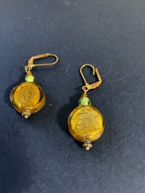 Handcrafted Amber Glass Drop Earrings - Green Accent